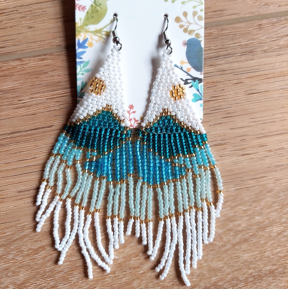 Mountain Beaded Blue and Gold Long Earrings